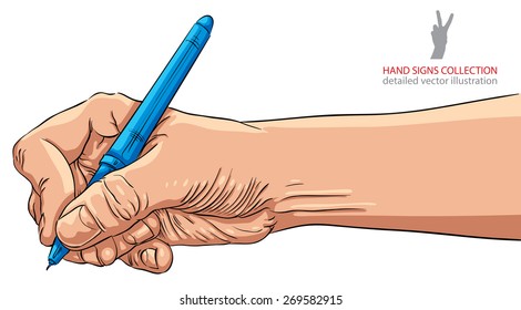 Hand writing with pen, detailed vector illustration.