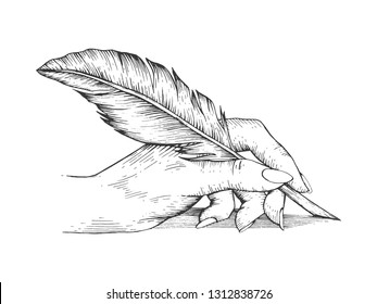 Hand writing with pen feather sketch engraving vector illustration. Scratch board style imitation. Hand drawn image.