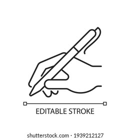 Hand writing with pen linear icon. Ability to write correctly. Beautiful handwriting. Signature. Thin line customizable illustration. Contour symbol. Vector isolated outline drawing. Editable stroke