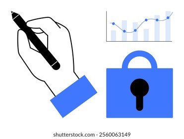 A hand writing with a pen, a lock symbolizing data security, and a bar graph with a line chart. Ideal for data protection, cybersecurity, analytics, business planning, and digital privacy. Modern