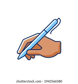 Escritura manual con el icono de color RGB de la pluma. Capacidad para escribir correctamente. Escritura de cartas. Imágenes de manos de personas de piel oscura. Firma de documentos. Lugar para la firma. Ilustración vectorial aislada