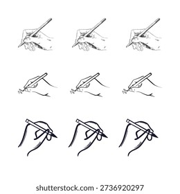Hand Writing with Pen Vector Set, Signature and Note Taking Icons, Line Art Illustration