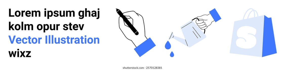 Hand writing with pen, watering a plant, and blue shopping bag. Ideal for e-commerce, creativity, gardening, shopping, and digital marketing. Vector art in blue and black colors. Landing page