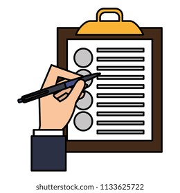 hand writing with pencil in clipboard