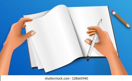 Hand writing with a pencil and notepad