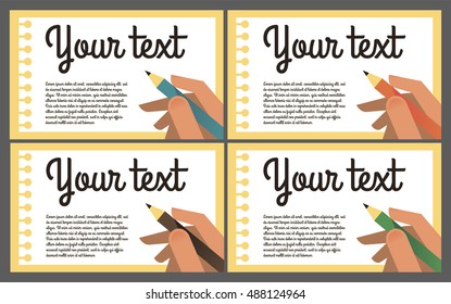 Hand writing with a pencil record. Notebook Sheet, Diary, paper, note. The writer, a student. Pencils of different colors. Template for text. Flat colorful design. Vector illustration