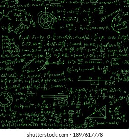 Hand writing physics formula on seamless blackboard vector illustration. Green glow inscribed with scientific formulas and calculations in physics and mathematics.