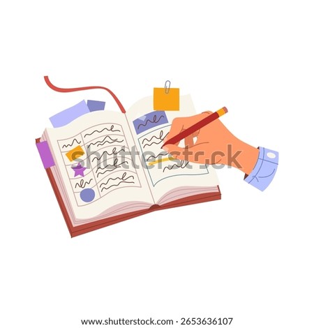 Hand writing plan with pencil. Vector memo or planner, notebook for planning. Workspace journal or personal diary for daily organization or weekly management. Checklist or timetable, schedule, plan.