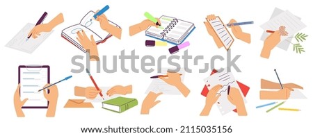 Planificación de escritura a mano y cartas. Manos sujetar lápiz y lápiz hacer marca de verificación y signos en papel de nota, firma de documentos y bloc de notas, clíparte vector decente