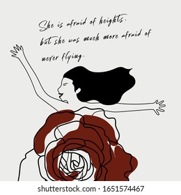 hand writing, positive quote and isolated illustration of a woman dancing happily like rose. vintage and simple style, wallpaper, daily post, card, picture, home decor, phone case, tart.