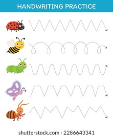 Hand writing practice worksheet with cute insects educational game for kids
