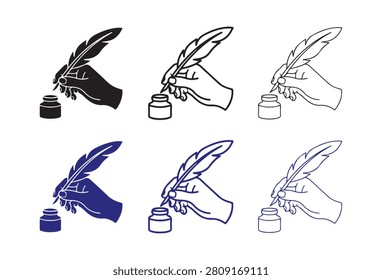 Hand writing with quill pen and ink pot icons for historical writing legal document signing literary creative writing and traditional academic research concepts set.