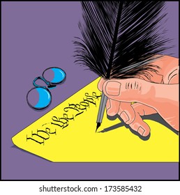 Hand writing with a quill pen on parchment. Vector illustration.