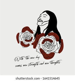 Hand writing quotation with illustration of woman and red rose in simple colors. Simple, and vintage style, suitable for wallpaper, cards, print, home decor, coffee shop.
