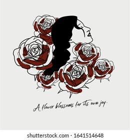 Hand writing quotation with illustration of woman and red rose in simple colors. Simple, and vintage style, suitable for wallpaper, cards, print, home decor, coffee shop.