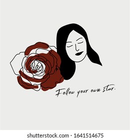 Hand writing quotation with illustration of woman and red rose in simple colors. Simple, and vintage style, suitable for wallpaper, cards, print, home decor, coffee shop.