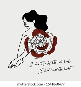 Hand writing quotation with illustration of woman and red rose in simple colors. Simple and retro style, suitable for wallpaper, cards, print, home decor, coffee shop.