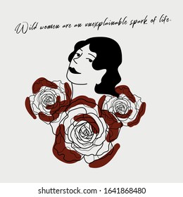 Hand writing quotation with illustration of woman and red rose in simple colors. Simple and retro style, suitable for wallpaper, cards, print, home decor, coffee shop.