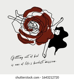 hand writing quote with illustration of black&white woman and red rose. Daily quote for positive, independent, free, positive female. Simple and modern style suitable for wall decor, cards, print.