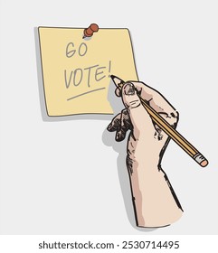 hand writing reminder note "go vote" on yellow notepad  isolated illustration on white background