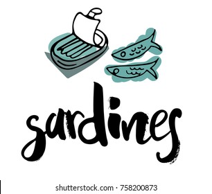 Hand writing "Sardines" with illustration of a sardines can and two fishes