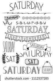 Hand writing set of Saturday title. Header for daily planner, schedule, bullet journal, notes. Fifteen versions of writing days. Decorative template for calendar date