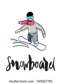 Hand writing "Snowboard" with illustration of a snowboarder in helmet, scarf, goggles riding a board with snow. Banner, poster, logo, advertisement, product vector design. Lettering. 