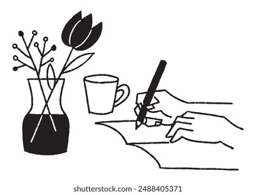 A hand writing something in a notebook and a vase_2
