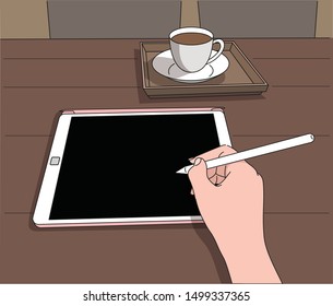 Hand writing something on a digital device with a digital pen. hand drawn style vector design illustrations.