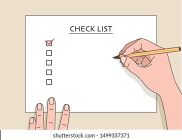 Hand Writing Something With A Pen On A Checklist Note Paper. Hand Drawn Style Vector Design Illustrations.