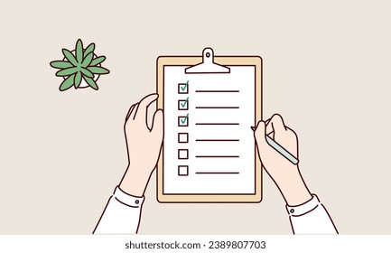 Hand writing something with a pen on a checklist note paper. Hand drawn style vector design illustrations.