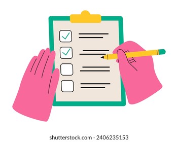 Hand writing something with a pencil on a checklist note paper. Colorful vector illustration