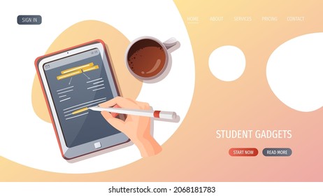 Hand writing in tablet and cup of tea or coffee. Working, Studying, education, e-learning, student, stationery concept. Vector illustration for poster, banner, website.