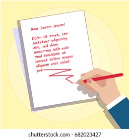 The hand is writing the text. Image of a hand with a place for your text. Vector image for your website or design element.  You can put your own text on a white sheet