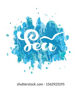 Hand writing text Sea. Modern brush calligraphy. Summer vacations poster with text and seagull on blue textured background. Design for greeting cards, posters and tshirts. Vector illustration. EPS10