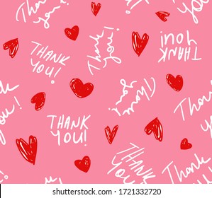 Hand Writing Thank You Text with Small Hearts Repeating Vector Pattern Isolated Background