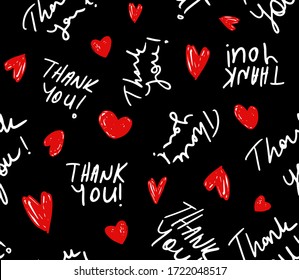 Hand Writing Thank You Text with Small Hearts Repeating Vector Pattern Isolated Background