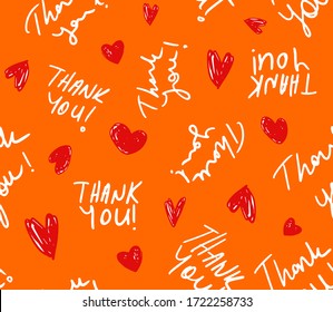 Hand Writing Thank You Text with Small Hearts Repeating Vector Pattern Isolated Background