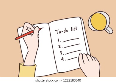 A hand writing a to-do list in a notebook. hand drawn style vector design illustrations.