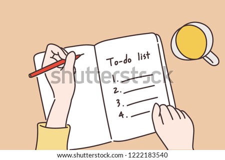 A hand writing a to-do list in a notebook. hand drawn style vector design illustrations.