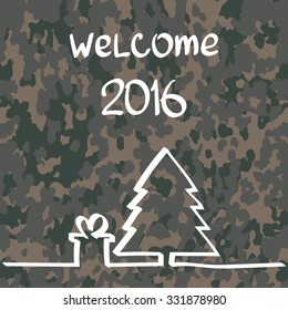 hand writing WELCOME 2016 and Christmas tree with white marker at camouflage background