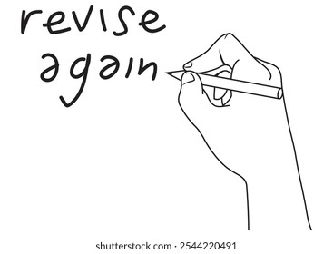 A hand writing the word of resign again. Illustration in black and white and vector format.