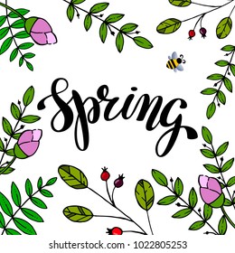 Hand writing word Spring. Brush lettering design. Vector illustratoin for give card, greeting card, banner, invitation, poster, flyer, calendar. EPS 10.