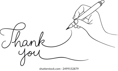 A hand is writing the word "thank you" on a white background. Concept of gratitude and appreciation