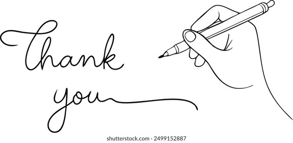 A hand is writing the word "thank you" on a white background. Concept of gratitude and appreciation