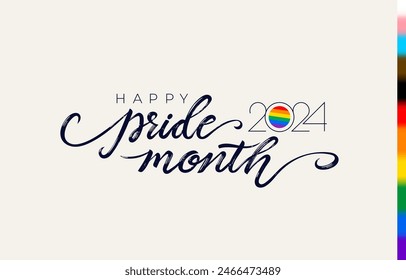 Hand written 2024 pride lettering with rainbow. LGBT rights symbol. Poster, placard, cards design. Gay parade slogan. Flags are made by hand with a dry brush on canvas. Vector illustration.