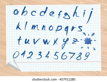 Hand written alphabet. Doodle font. Letters of the Latin alphabet and the numbers 0 to 9 are written on a sheet from a school notebook. Vector illustration