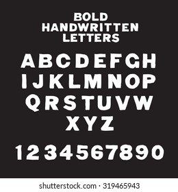 Hand written alphabet. Hipster letters and numbers, white on black.