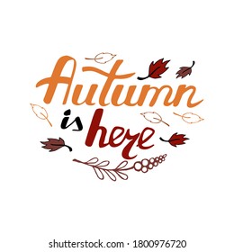 Hand written autumn is here lettering with decor