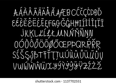 Hand written awkward and childish school naive linear script font, monoline calligraphic font, personal lettering, signage typography, english alphabet, all caps letters with language support